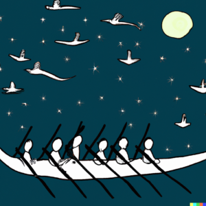 /hours-of-fun-creating-visual-art-with-prompts/images/DALL%C2%B7E-2022-08-18-09.48.04-4-men-in-a-flying-canoe-at-night-300x300.png