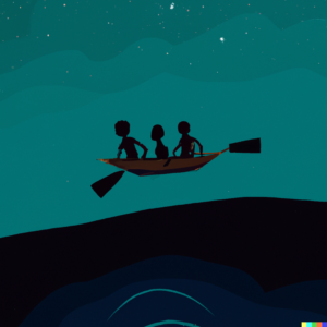 /hours-of-fun-creating-visual-art-with-prompts/images/DALL%C2%B7E-2022-08-20-15.58.44-4-men-in-a-canoe-in-the-sky-at-night-300x300.png